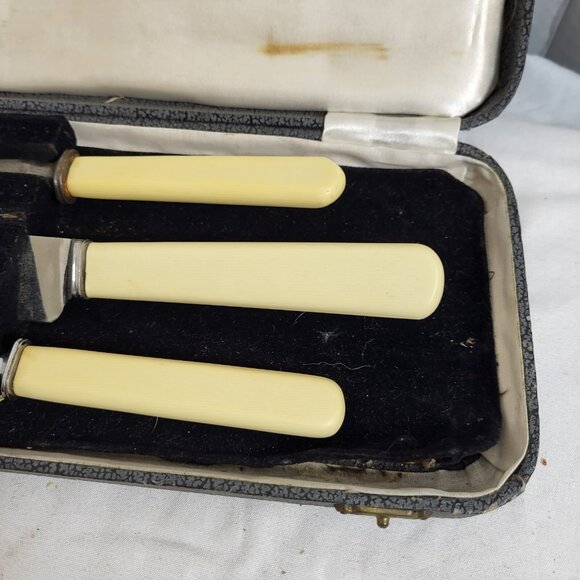 Antique 3 Pc Carving Set Box Celluloid Handles Sheffield corporate mark - Picture 3 of 9